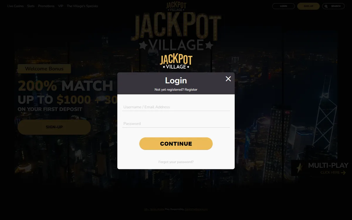 Jackpot Village Casino — Sign-up, captured from Canada