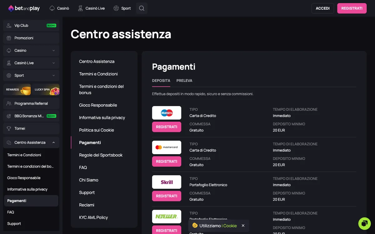 Betandplay Casino — Payments, captured from Italy