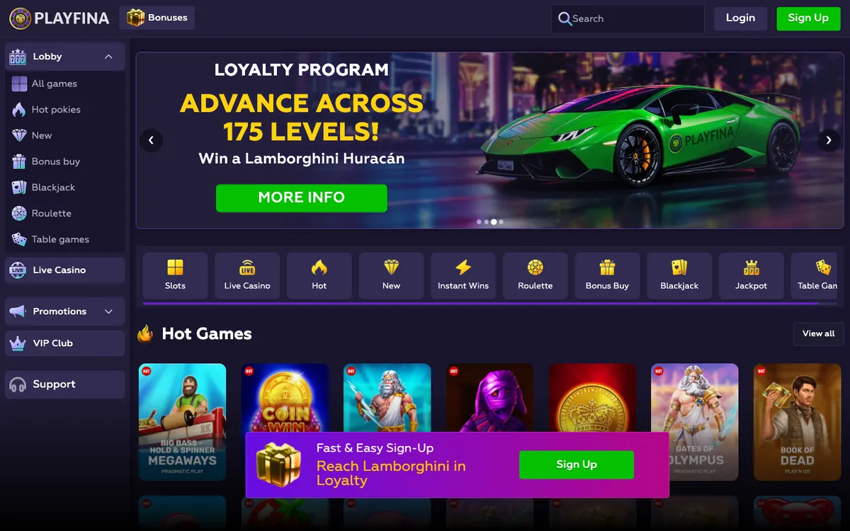Playfina Casino — Home page, captured from New Zealand