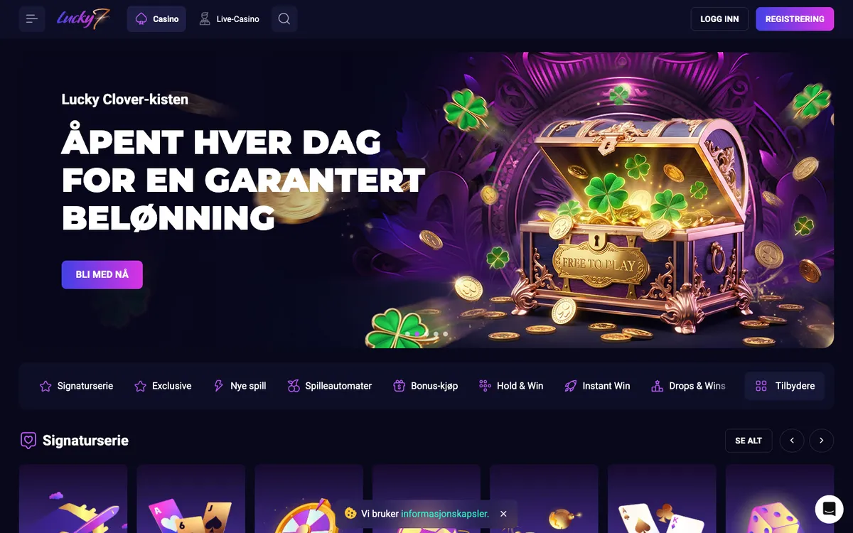 Lucky7even Casino — Home page, captured from Norway