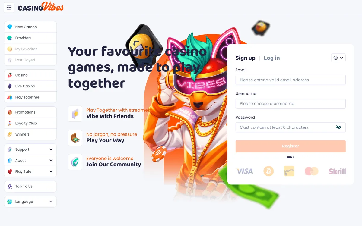 CasinoVibes — Home page, captured from Australia