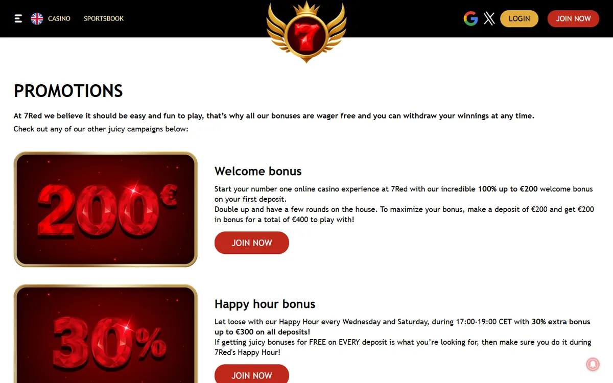 7Red Casino — Promotions, captured from Canada