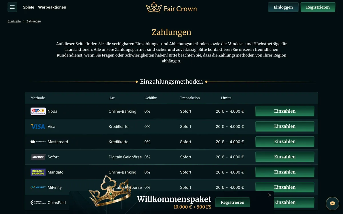Fair Crown Casino — Payments, captured from Austria