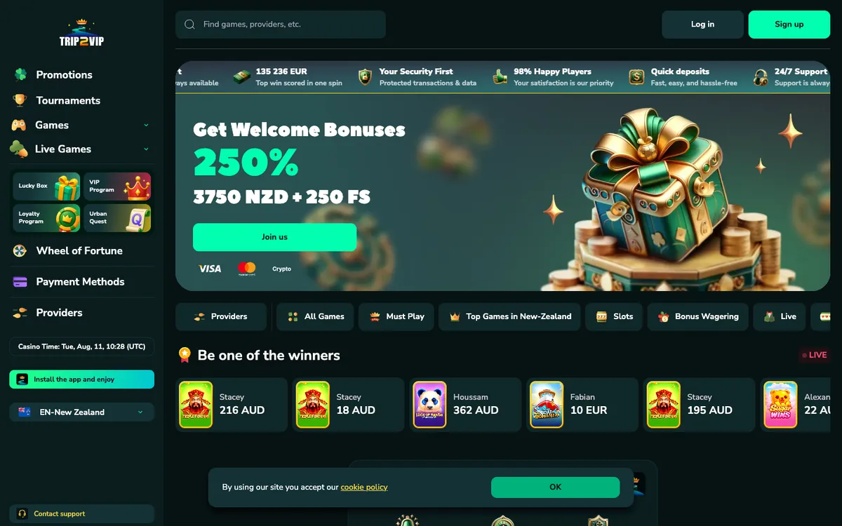 Trip2Vip Casino — «Регистрация», снято из страны Новая Зеландия