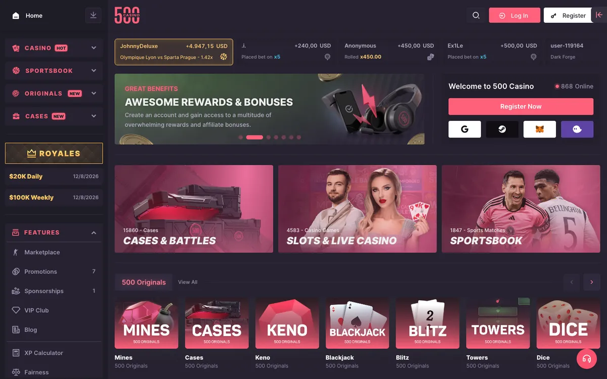 500 Casino — Home page, captured from Chile