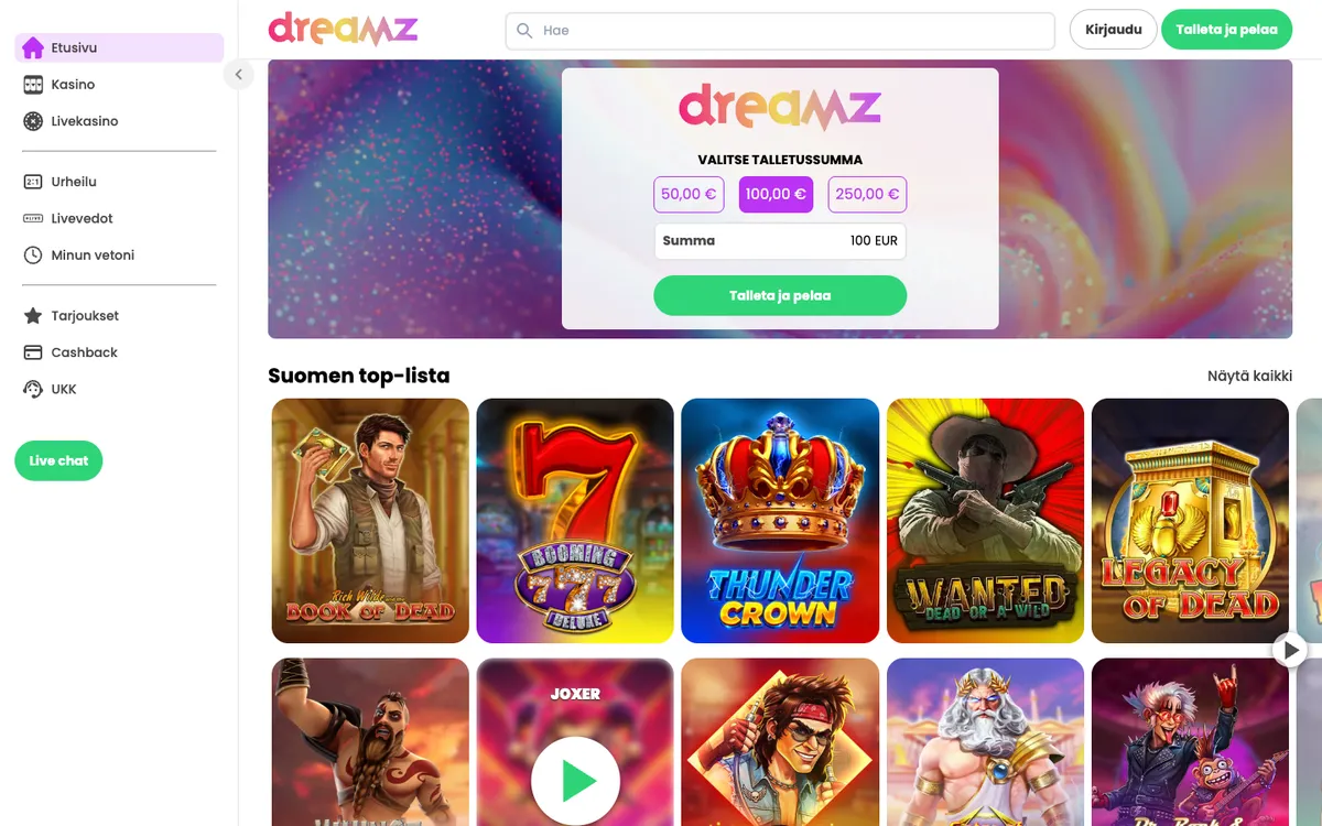 Dreamz Casino — Home page, captured from Finland