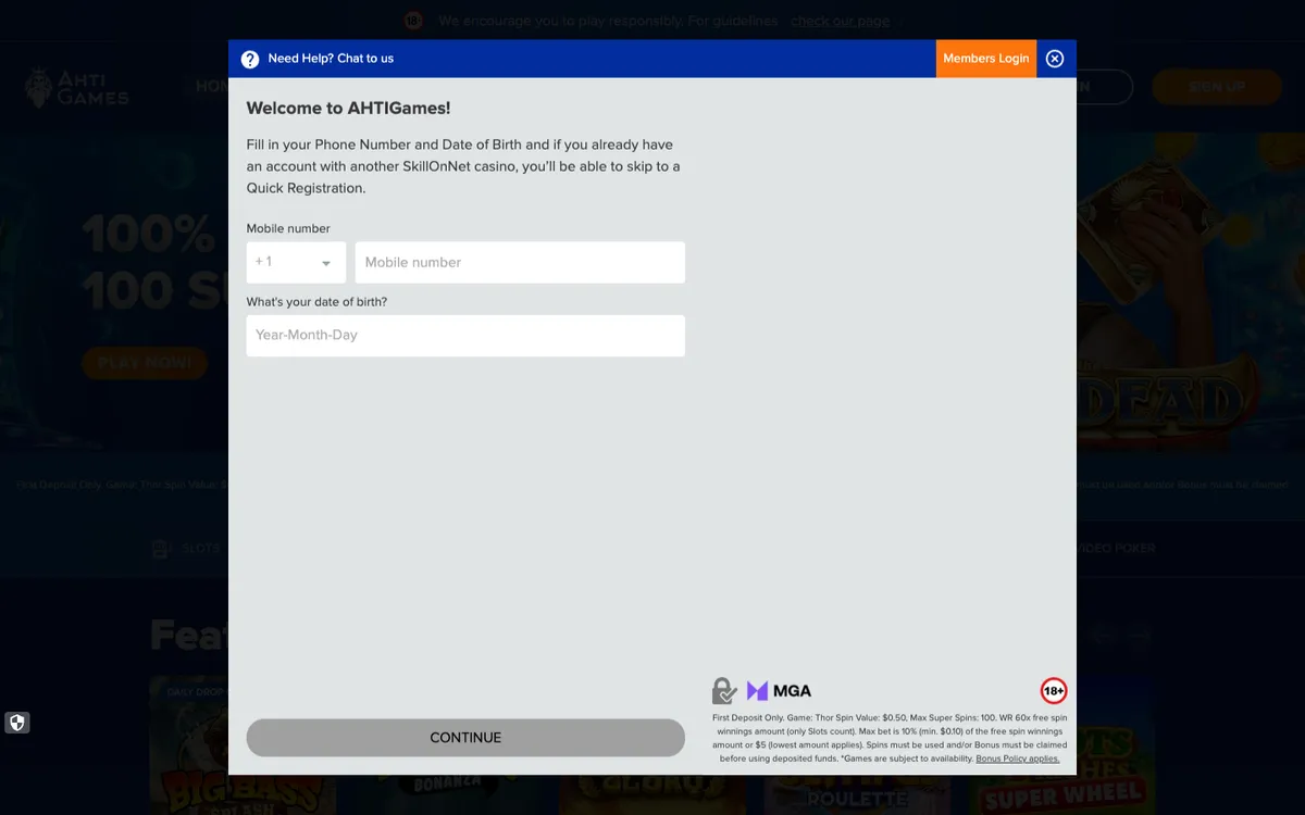 AHTI Games Casino — Sign-up, captured from Canada