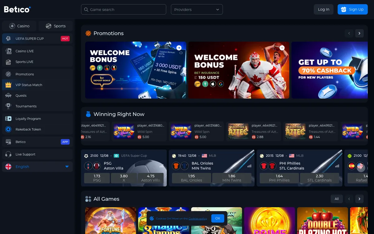 Betico Casino — Home page, captured from Poland