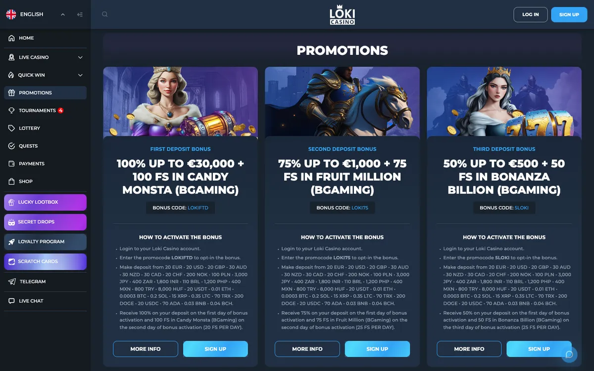 Loki Casino — «Акции», снято из страны Япония