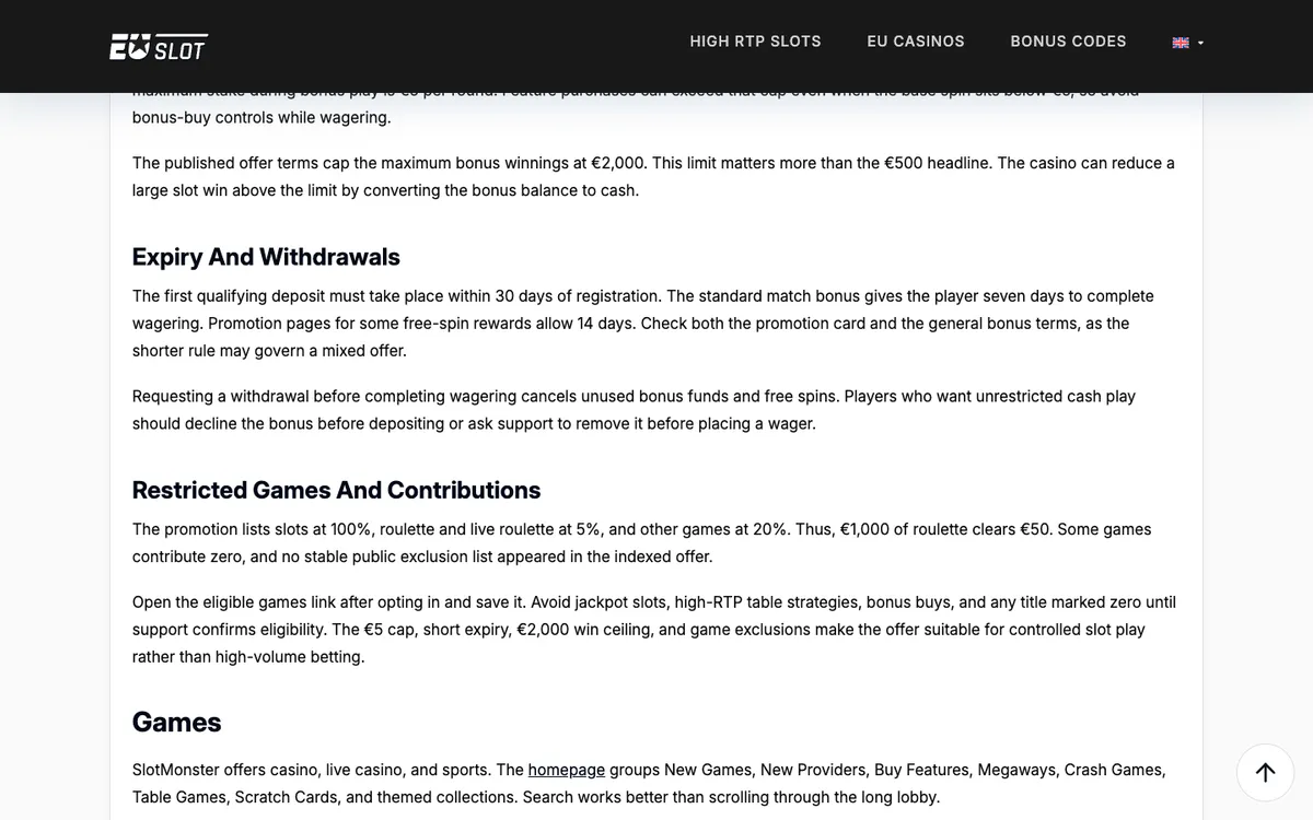 EUSlot Casino — Promotions, captured from United Arab Emirates