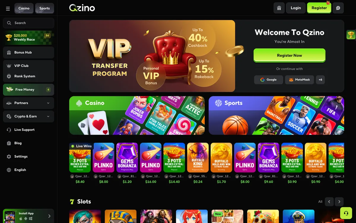 Qzino Casino — Home page, captured from Belgium