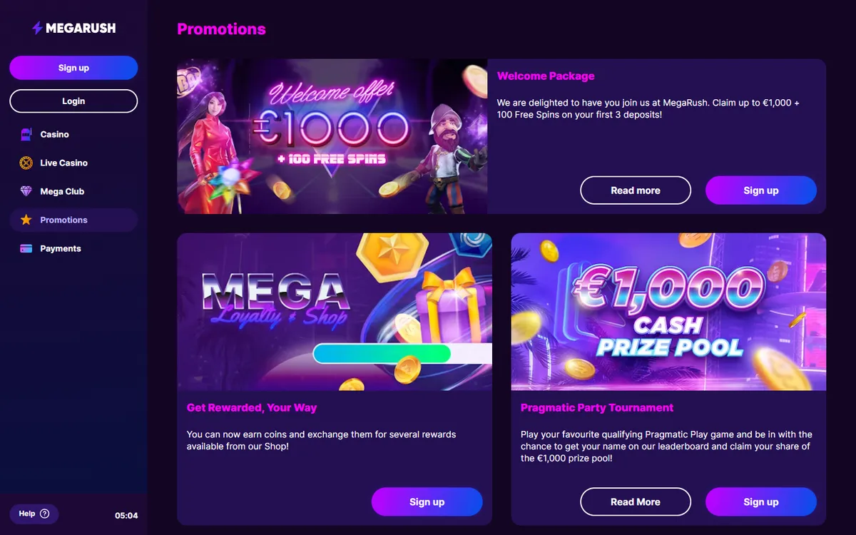 MegaRush Casino — Promotions, captured from Canada