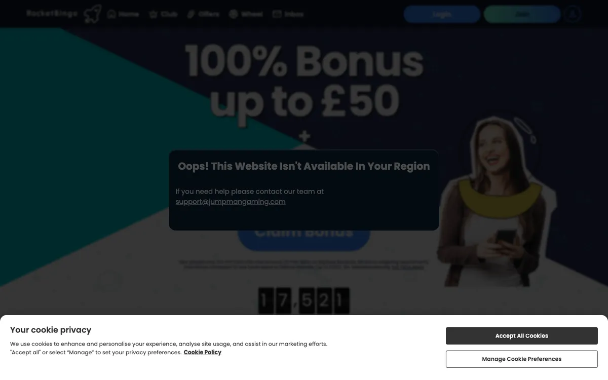 Rocket Bingo Casino — Home page, captured from Austria