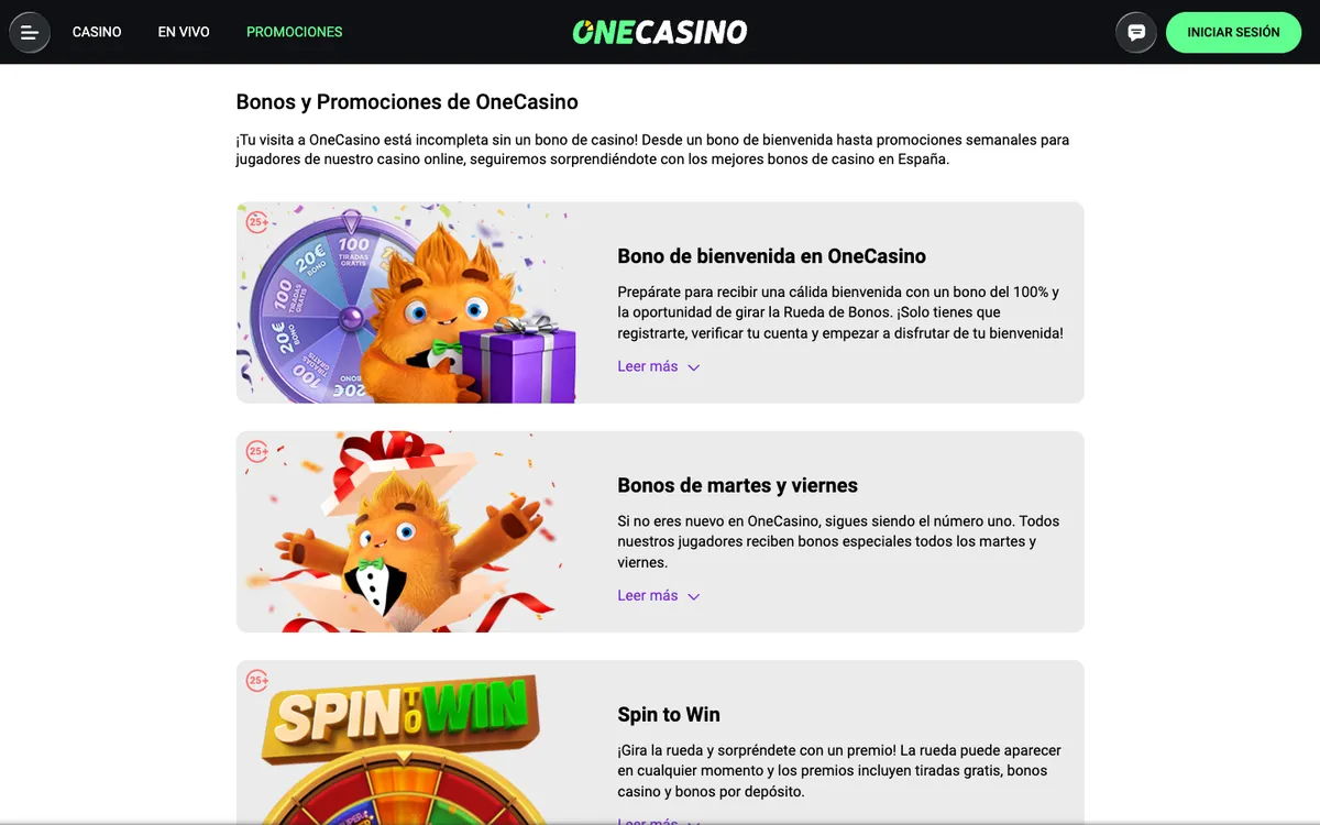 One Casino — Promotions, captured from Spain
