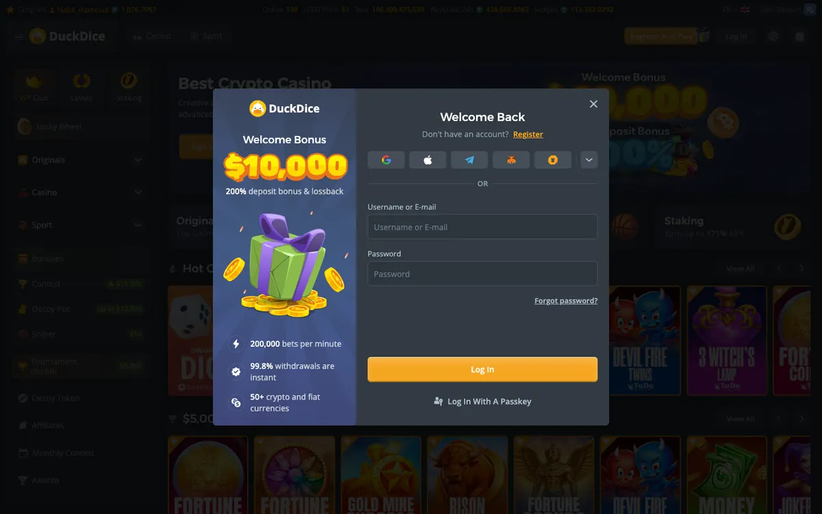 DuckDice Casino — «Регистрация», снято из страны Австралия