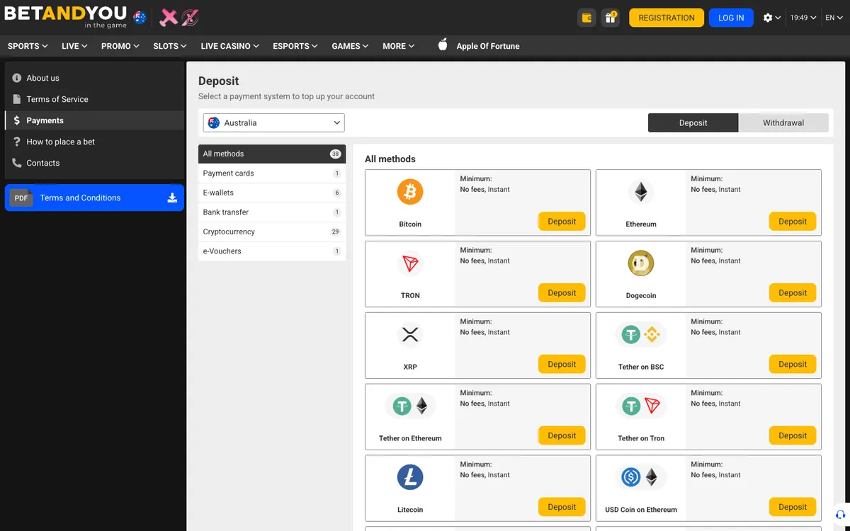 Betandyou Casino — Payments, captured from Australia