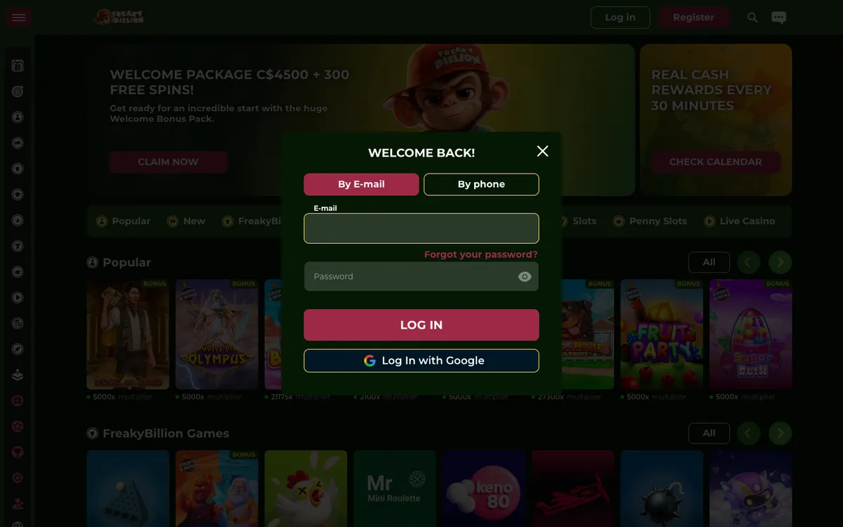 FreakyBillion Casino — «Регистрация», снято из страны Канада