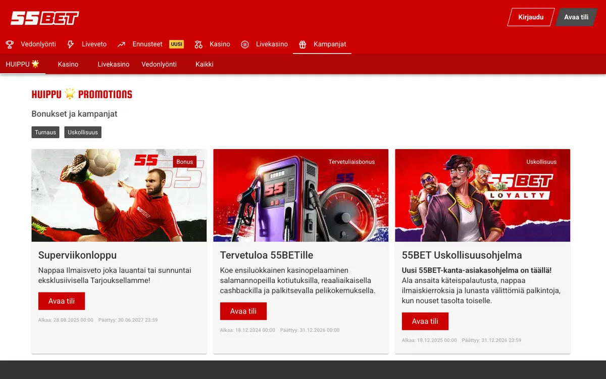 55BET Casino — Promotions, captured from Finland