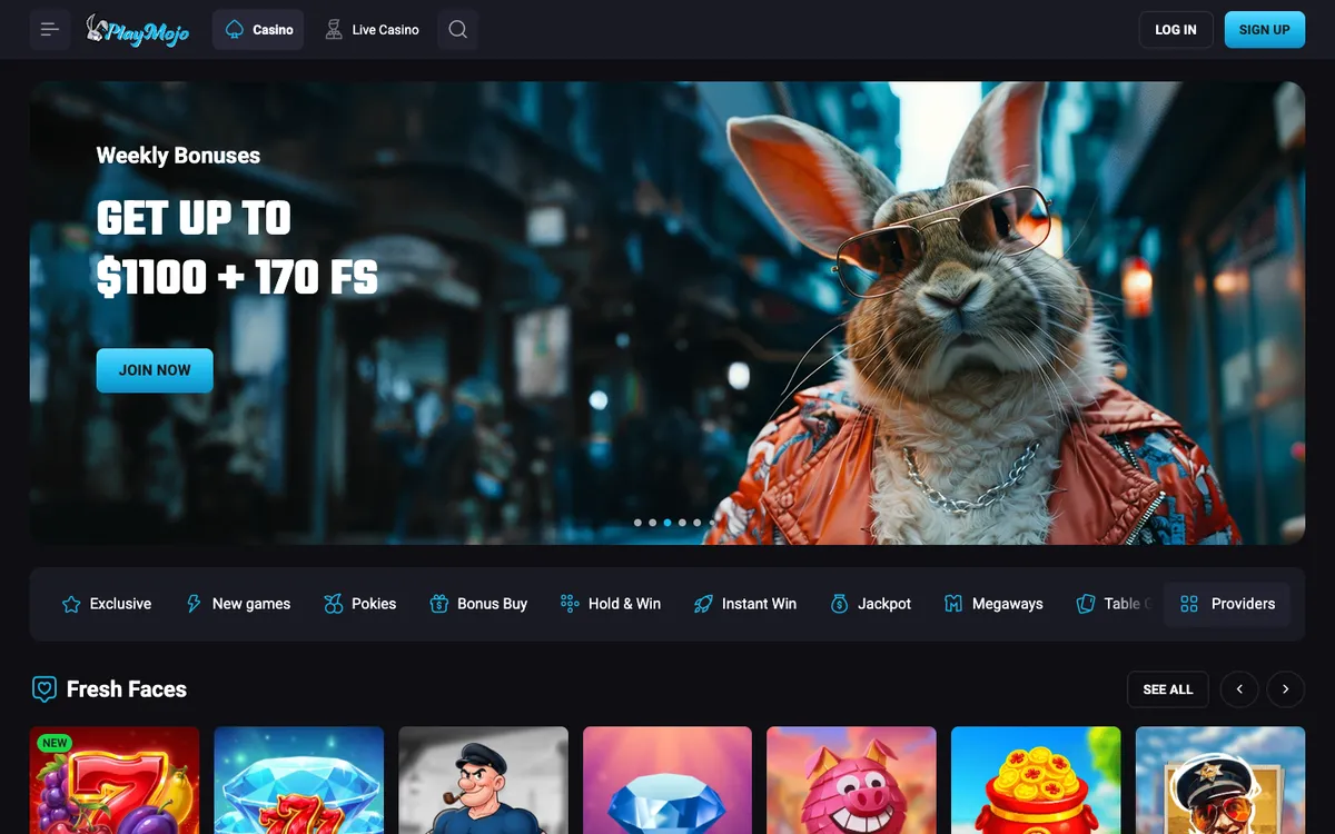 PlayMojo Casino — «Главная», снято из страны Австралия