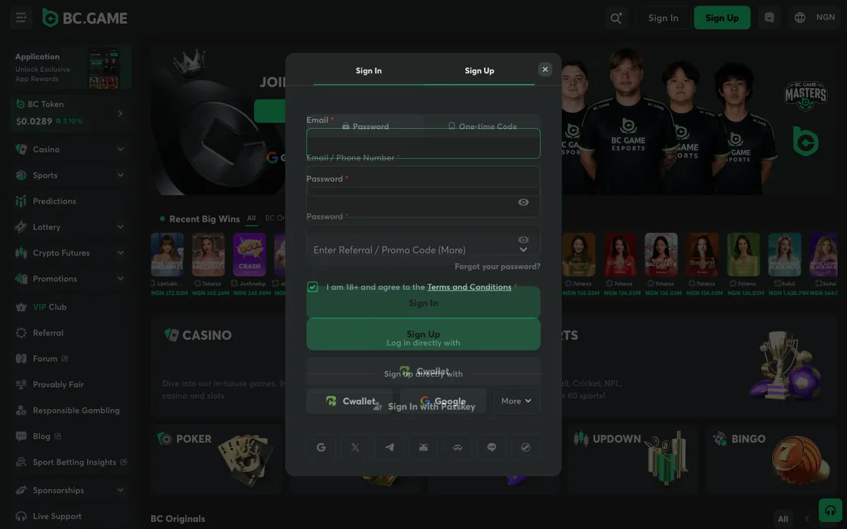BC.Game Casino — Sign-up, captured from Nigeria