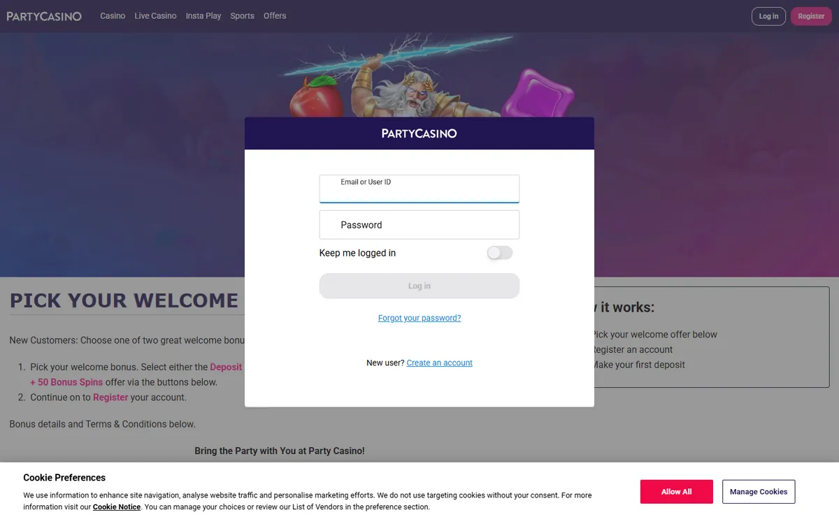 PartyCasino — «Регистрация», снято из страны Канада