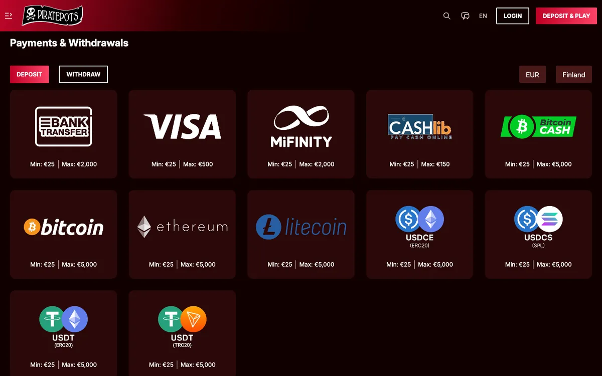 Piratepots Casino — Payments, captured from Finland