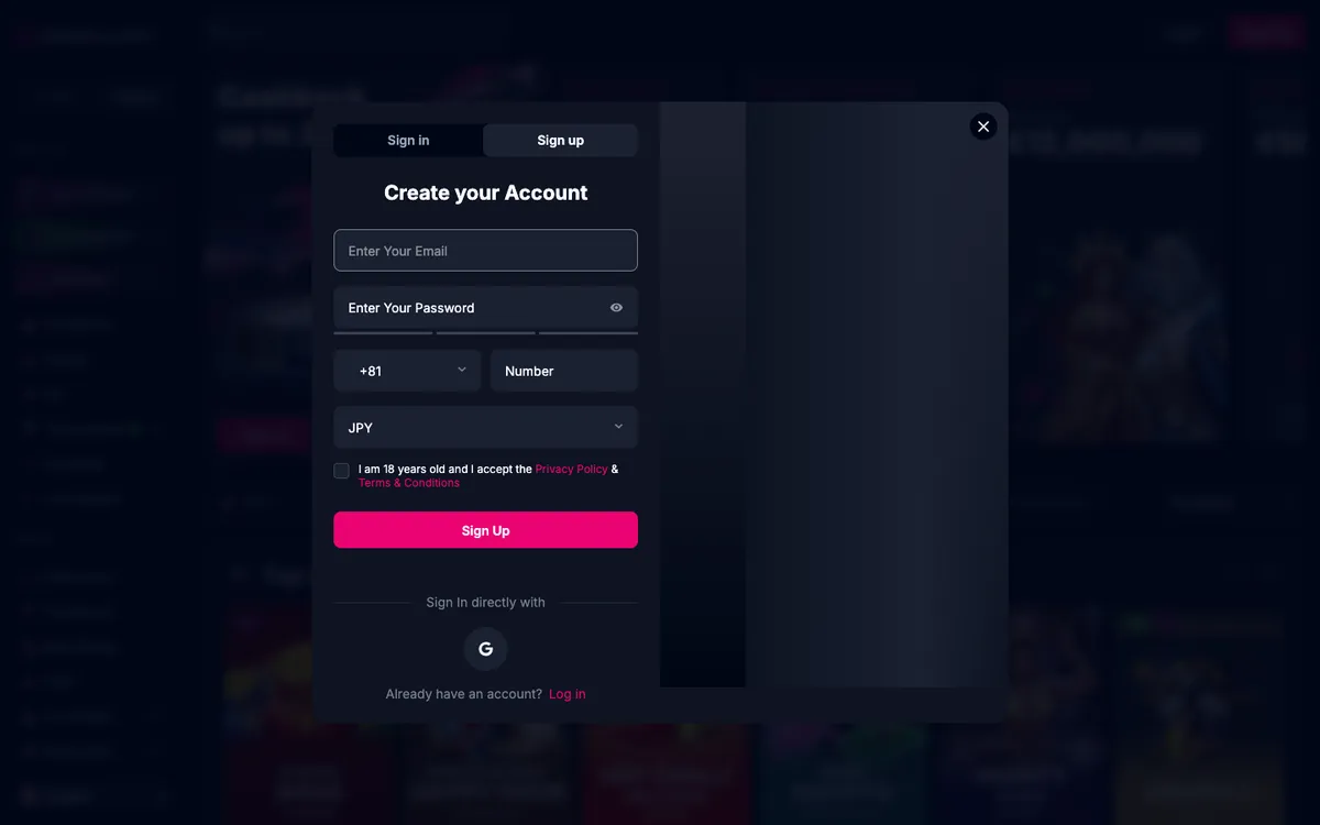 Betsio Casino — Home page, captured from Japan