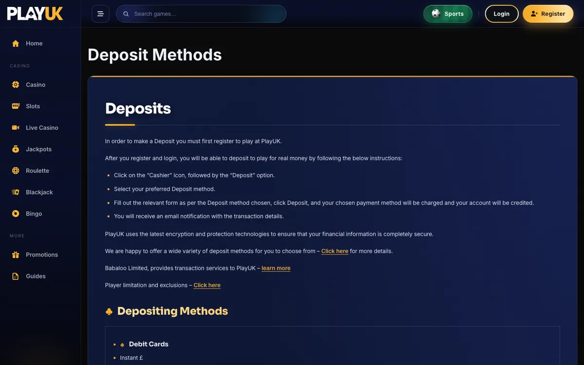 PlayUK Casino — Payments, captured from United Kingdom