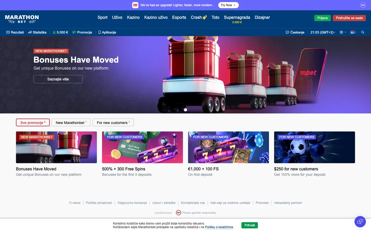 Marathonbet Casino — Promotions, captured from Serbia