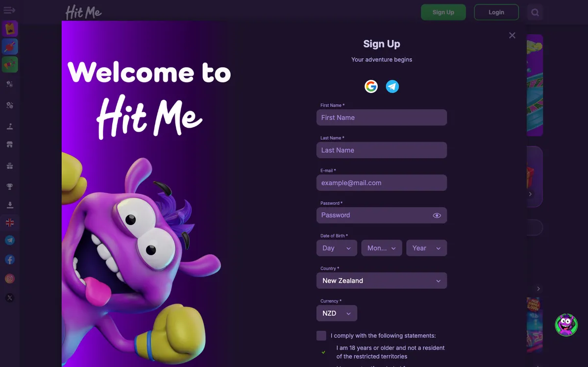 Hit Me Casino — «Регистрация», снято из страны Новая Зеландия