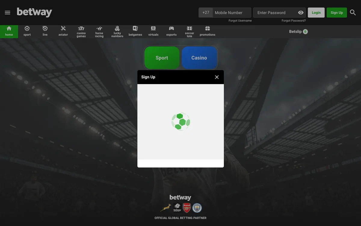 Betway Casino — Sign-up, captured from South Africa