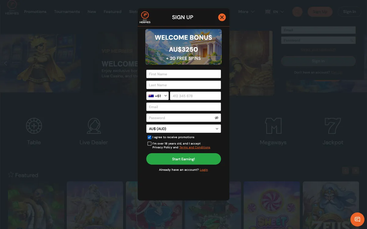 Casino Hermes — «Регистрация», снято из страны Австралия