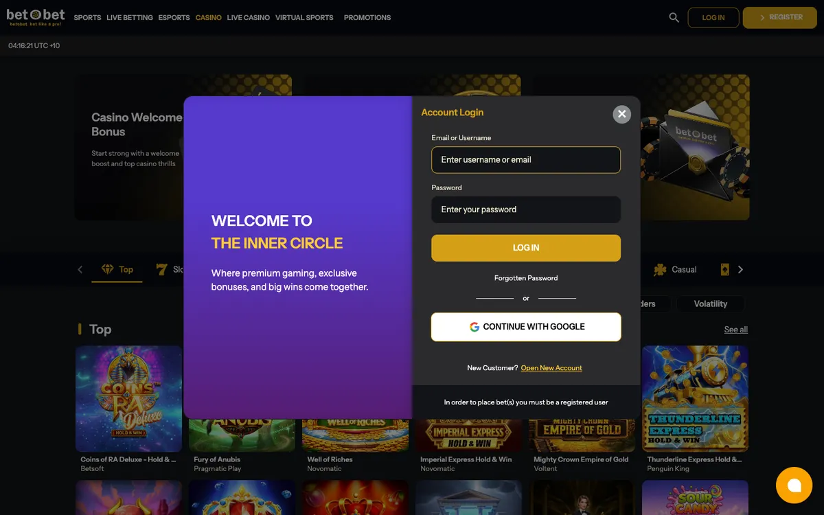 bet O bet Casino — Sign-up, captured from Australia