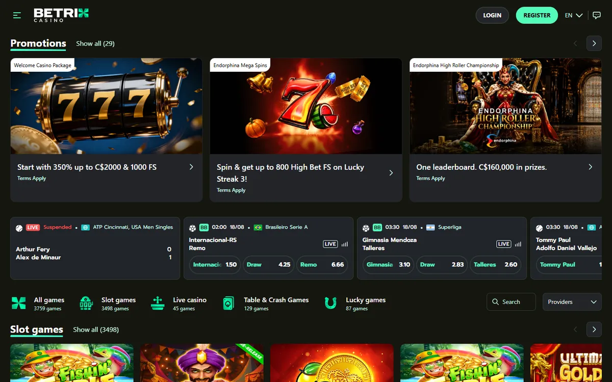 Betrix Casino — Home page, captured from Canada