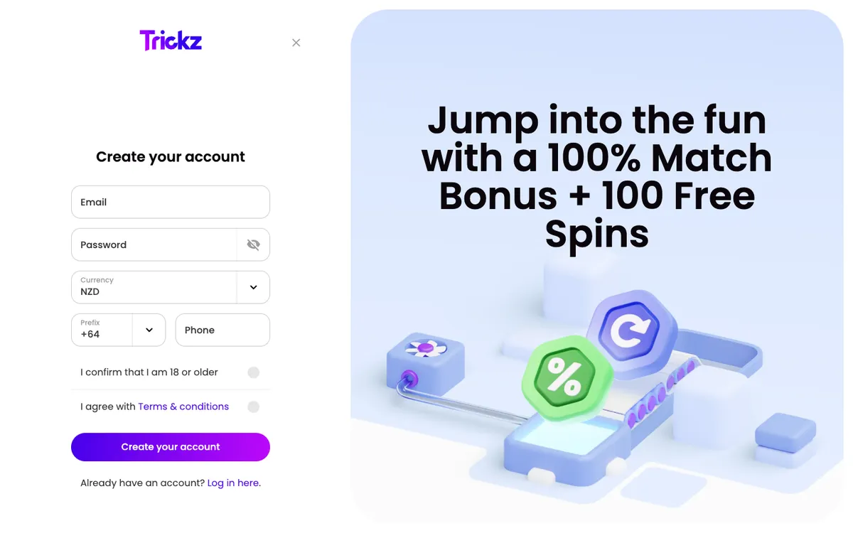Trickz Casino — Sign-up, captured from New Zealand