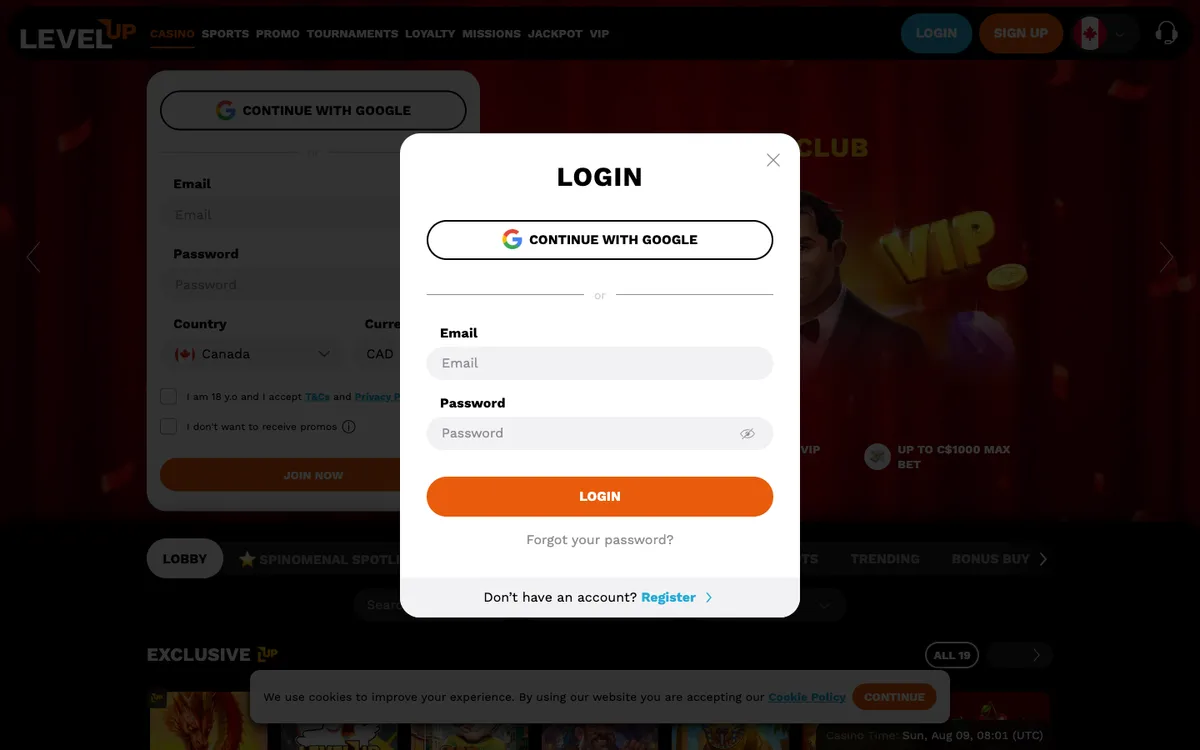 LevelUp Casino — «Регистрация», снято из страны Канада
