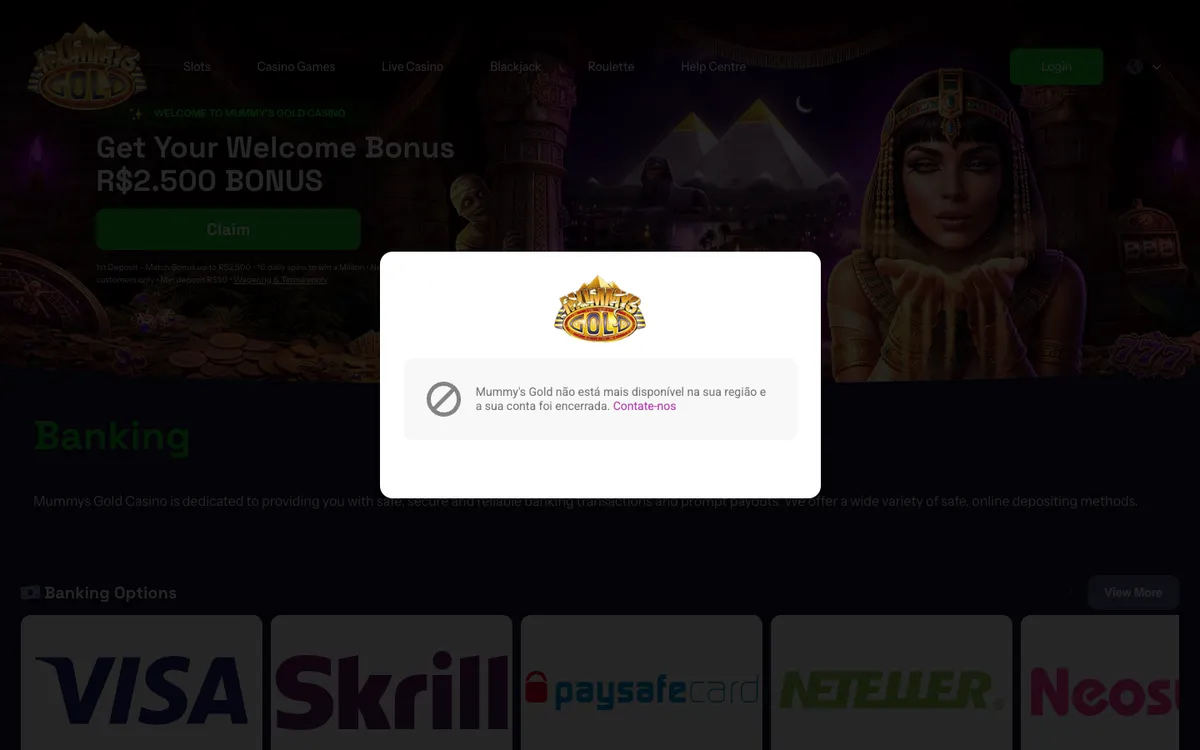 Mummy's Gold Casino — Payments, captured from Brazil