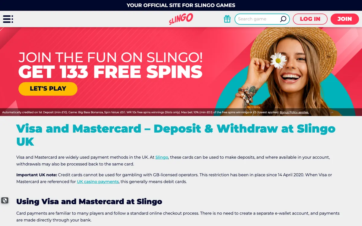 Slingo Casino — Payments, captured from United Kingdom