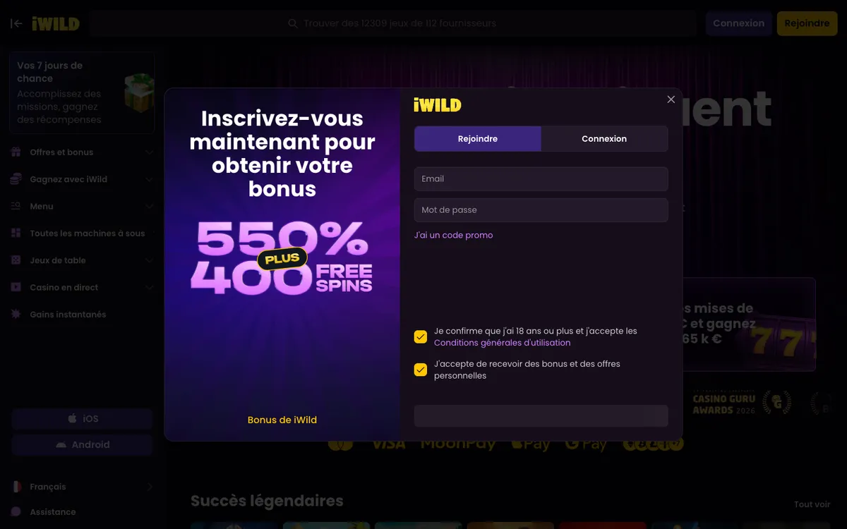 iWild Casino — Sign-up, captured from France
