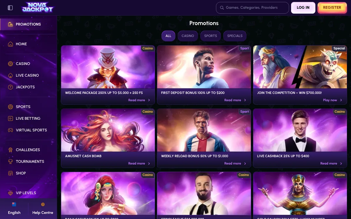 NovaJackpot Casino — Promotions, captured from New Zealand