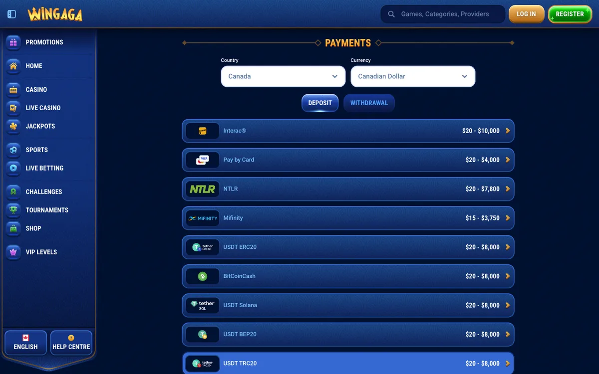 WinGaga Casino — «Платежи», снято из страны Канада