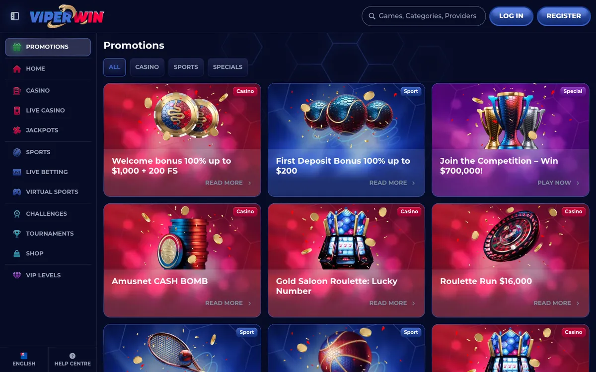ViperWin Casino — Promotions, captured from New Zealand