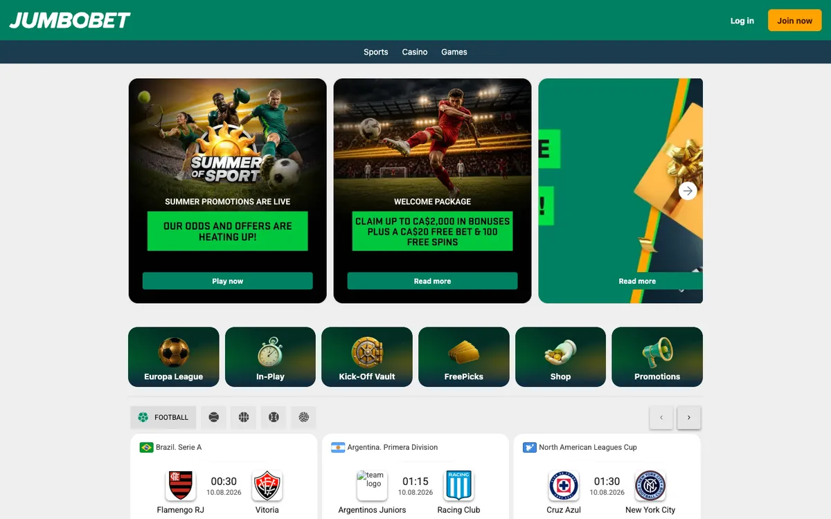 JumboBet Casino — Home page, captured from Canada