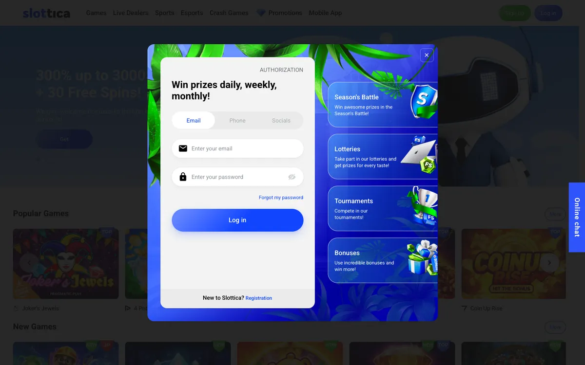 Slottica Casino — Sign-up, captured from Norway