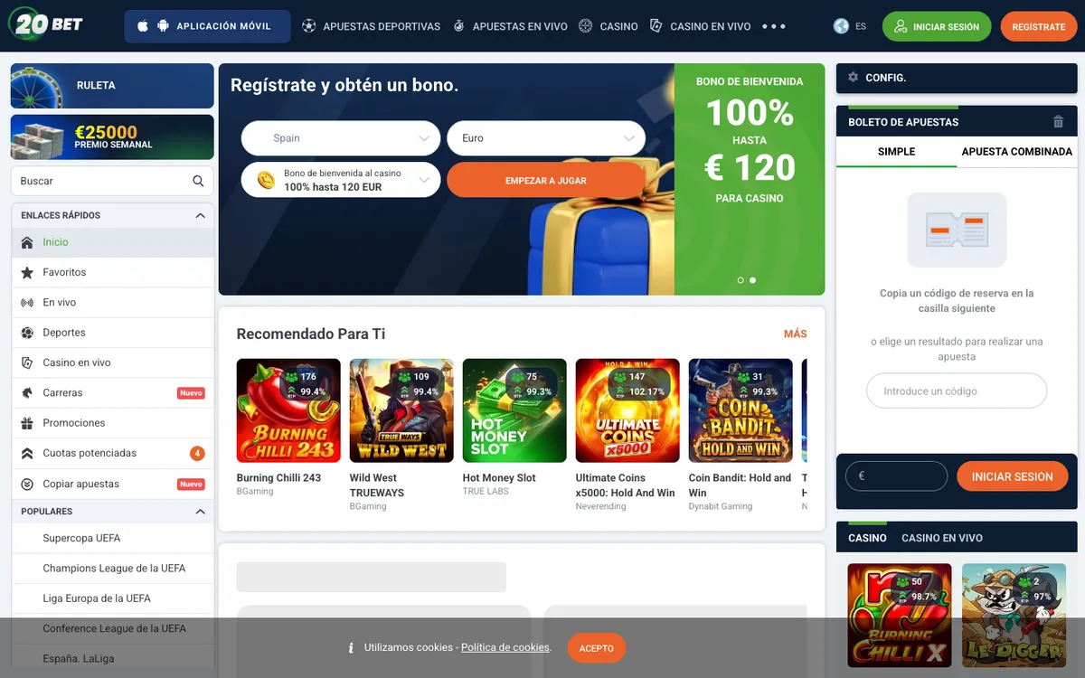20bet Casino — Home page, captured from Spain