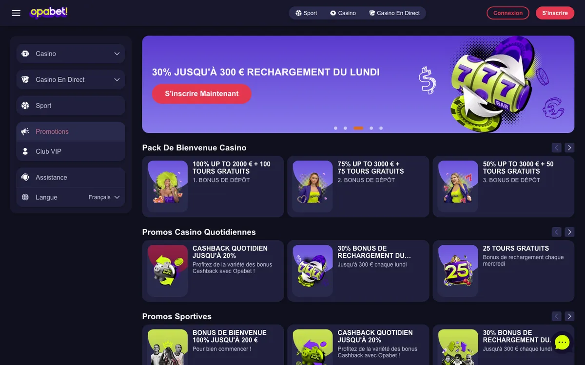 Opabet Casino — Promotions, captured from France