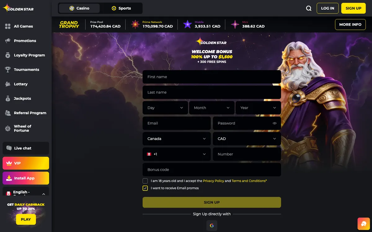 Golden Star Casino — «Главная», снято из страны Канада