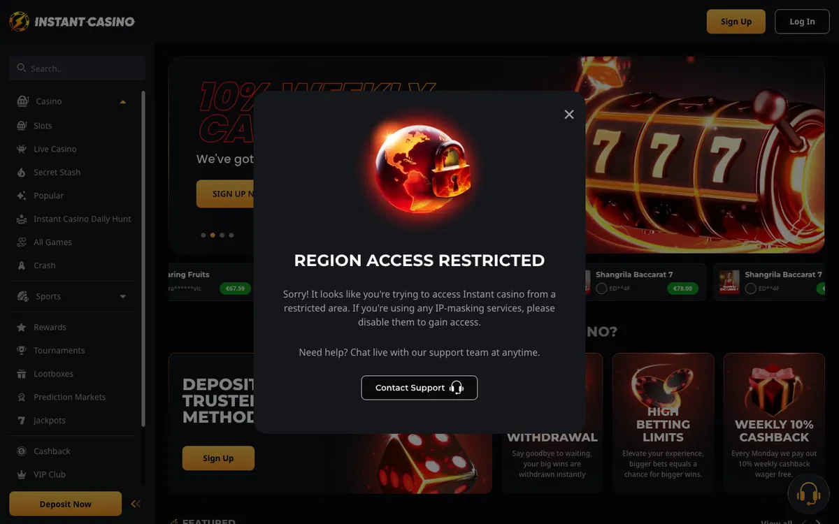 Instant Casino — Home page, captured from Japan