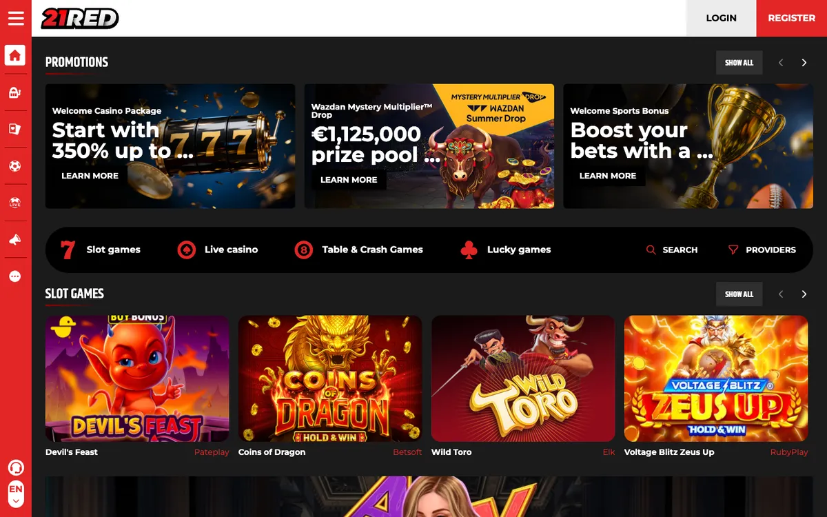 21.red Casino — Home page, captured from Belgium