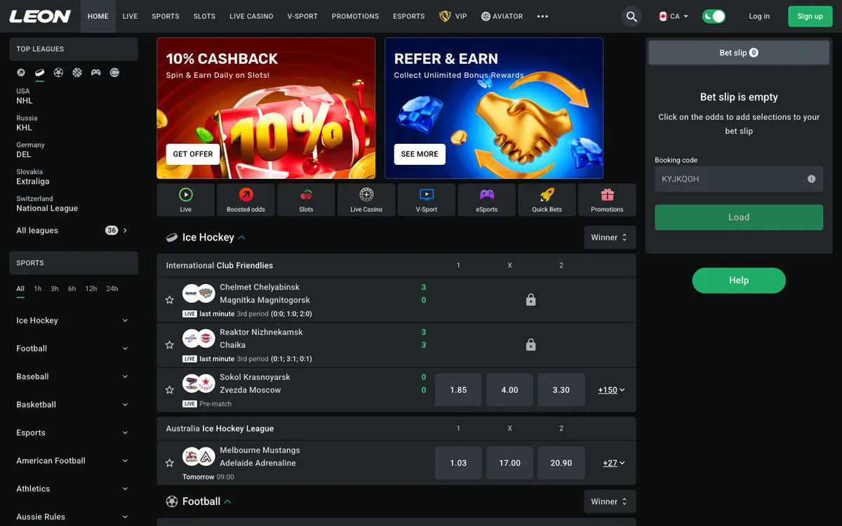 Leon Bet Casino — «Главная», снято из страны Канада